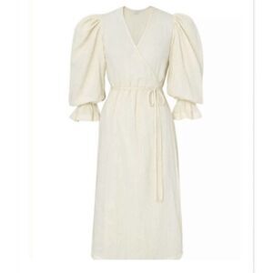 RHODE RESORT Emi Wrap Midi Dress Puff Sleeves Ruffle Cream Cotton XS NEW -232294